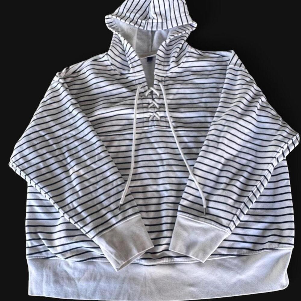 Universal Thread Hoodie Womens XXL White Striped Fleece Lace Up Pullover V Neck